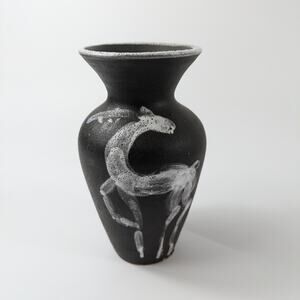 Brown Black Hand Painted Italian Vase White Deer Froth Glazed Studio Art Pottery